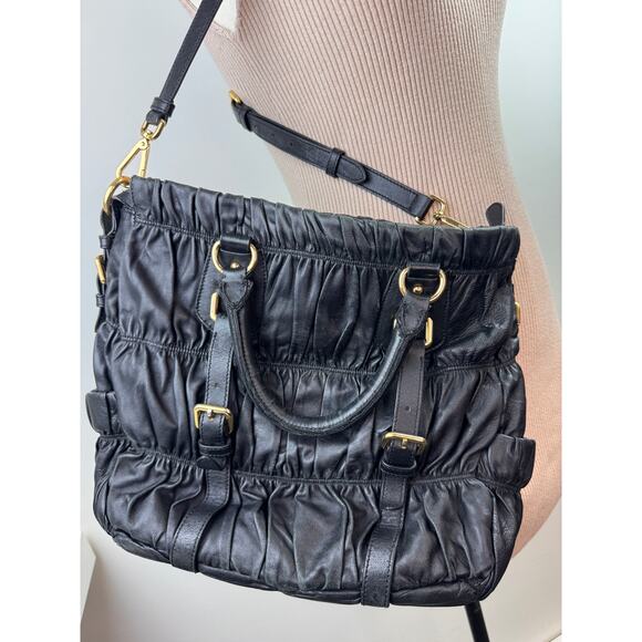PRADA Nappa Gaufre Handbag Black Gold Leather Crossbody Strap Tote Bag Large - Picture 5 of 13
